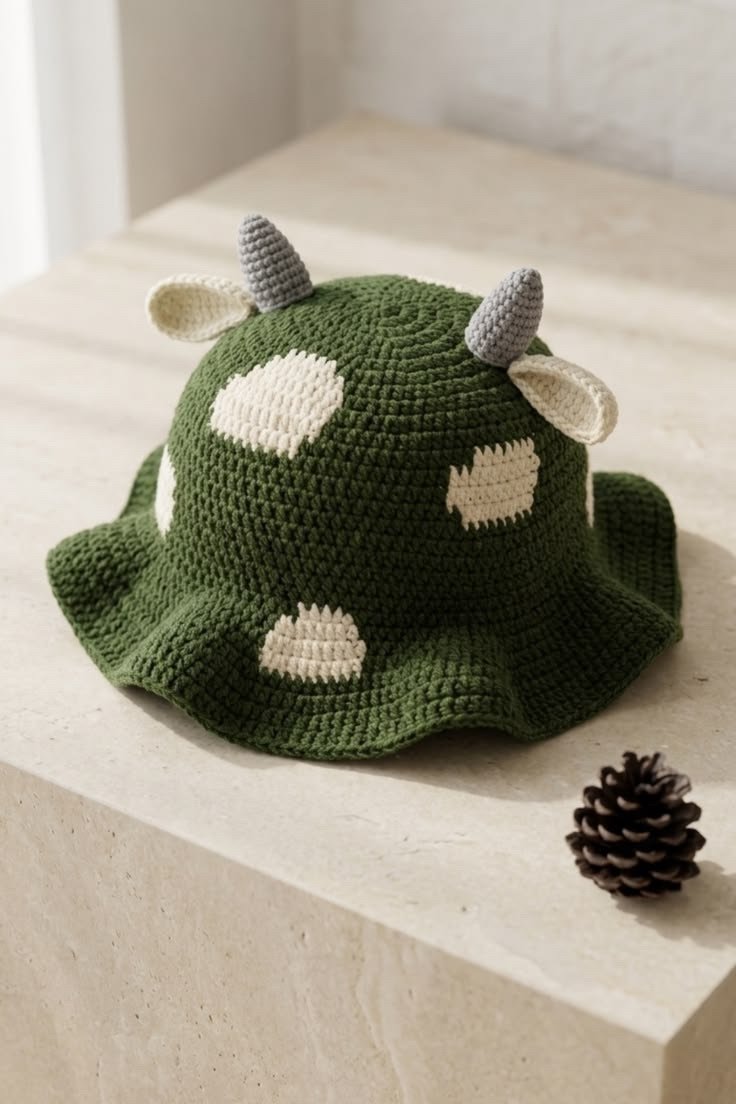 Chapéu verde com chifrinhos e manchas claras
